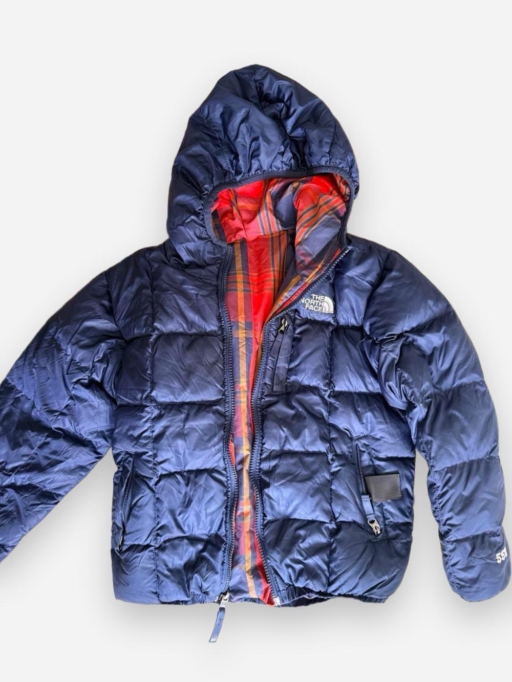 The North Face Puffer Jacket Boys Size 7-8 Navy Reversible 550 Down Insulated